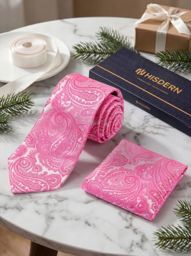 Image of HISDERN Extra Long Ties for Men Classic Floral Tie and Pocket Square Elegant Silk Necktie Handkerchief Set Wedding Party