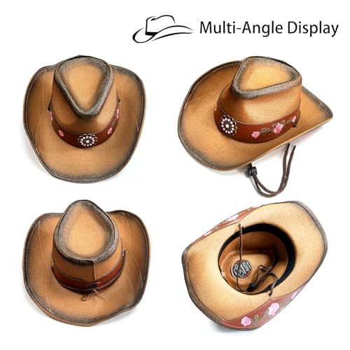 Image of Cowboy Hats for Women, Brown Cowgirl Hats Classic Straw Western Hats for Women Music Festival Party Beach.