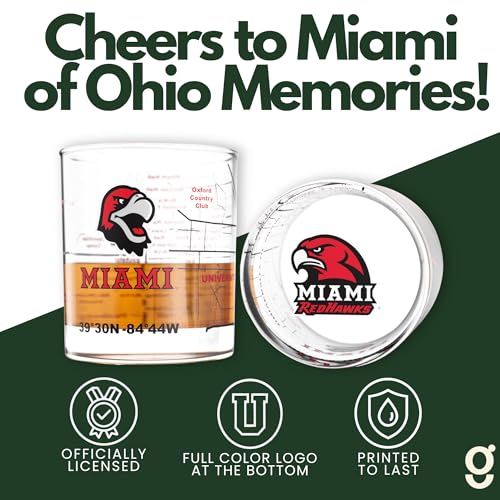 Image of Greenline Goods Miami University RedHawks Whiskey Glasses Set of 2, 10 oz Rocks Glasses with Full-Color Logo & Campus Map - Officially Licensed Bourbon Glass Gift for Alumni & Fans