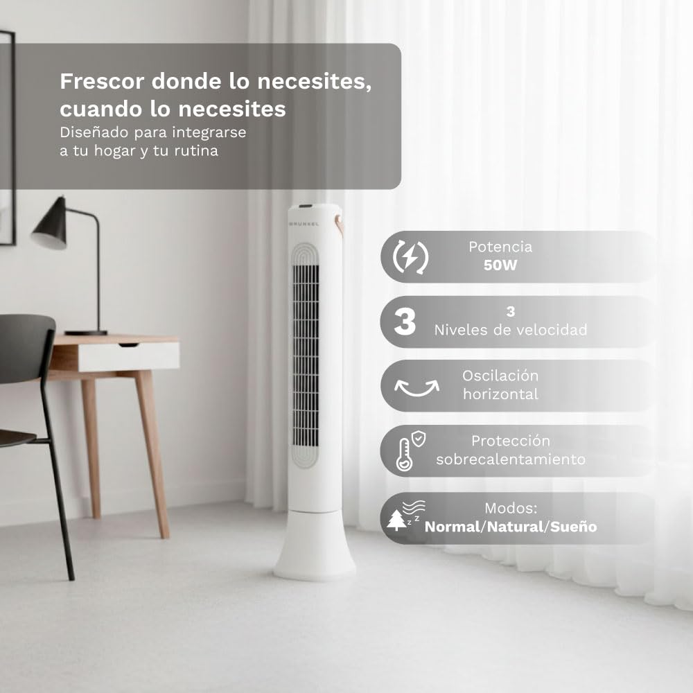 Grunkel Torre de Ventilación de 50W TF-DSG | 4 Velocidades | 3 Modos Normal/Natural/Sueño | Oscilación Electrónica | Temporizador 1-7h | Mando a Distancia | 93 cm (Blanco)
