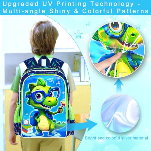 Image of HPJGD 3PCS Boys Dinosaur Backpack, Water Resistant Kids Bookbag Set with Lunch Box, Cool School Bag for Preschool Toddler - Glasses Dinosaur