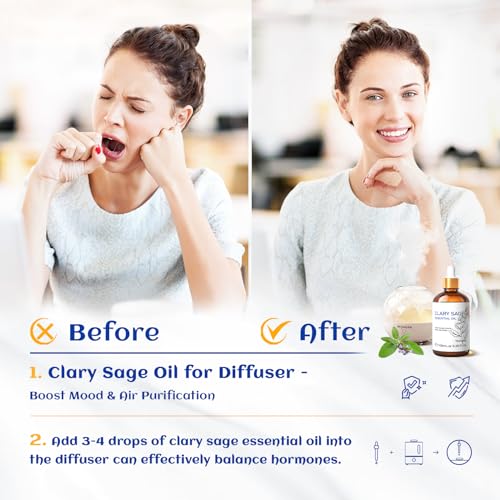 Image of HIQILI Clary Sage Oil Essential, Herbal Sooth Aroma in Diffuse, Meditation, Calming Sleep at Bedtime, Body Massage, Moisturize Skin, DIY Deodorant Spray - 100ML