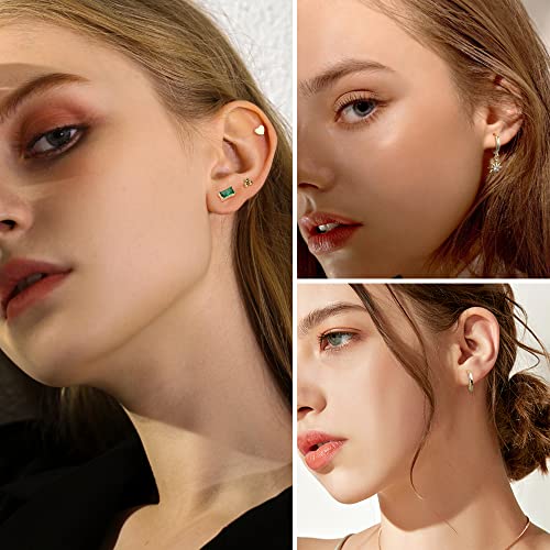 HAIAISO 10 Pairs 14K Gold Plated Huggie Hoop Studs Earrings for Women Small Dangle Hoop Earring Stacks Green Earrings Set for Multiple Piercing4