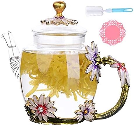 Flower Enamel Glass Teapot for one,DOUHAO Creative Crystal Glass Kung Fu Tea Tea Kettle for Hot Beverage, Iced Tea for Wife, Mother, Birthday, Valentine's Day, Mother's Day, Wedding
