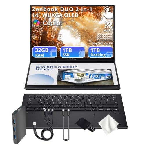 Image of ASUS Zenbook Duo 2-in-1 14 inch WUXGA OLED AI Touchscreen Laptop, Intel Ultra 9-285H, 32GB LPDDR5X, 2TB Storage (1TB SSD&1TB Dock), Intel Arc 140V, Magnetic Backlit Keyboard, Light, Wi-Fi 7, Win 11, Gray