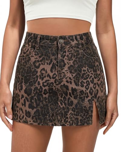 luvamia Skorts for Woman Leopard Cheetah Print Mini Skirt with Shorts High Waisted Trendy Cute Stretchy Side Slit Trendy Skirts for Women Brown Leopard Large US Size 12-14