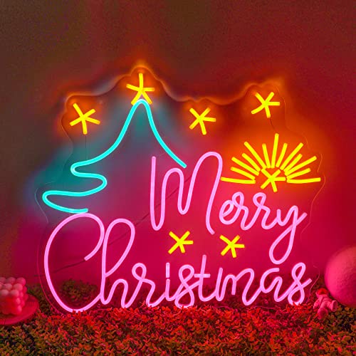 Image of Neon Signs Merry Christmas Tree Neon Sign Decorations Lighted Sign Xmas LED Neon Lights Green Red LED Sign for House, Home, Window, Balcony, Party, Wall Decor 60x50cm (with Tree and Starlight)