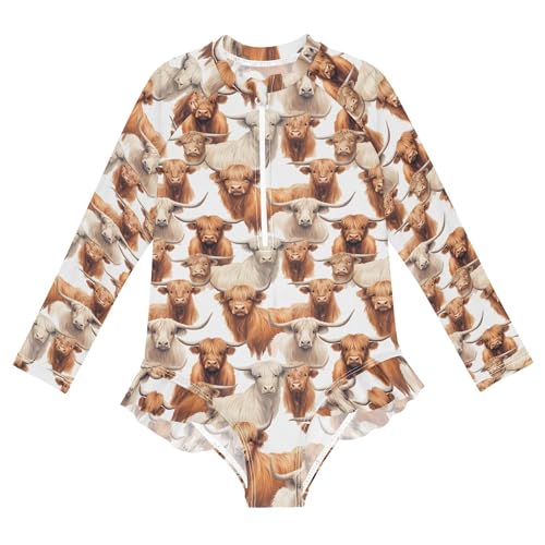 Highland Cow Animal Girls Long Sleeve Rashguard Swimsuit UV Protection One-Piece Swimwear Bathing Suit B0403013