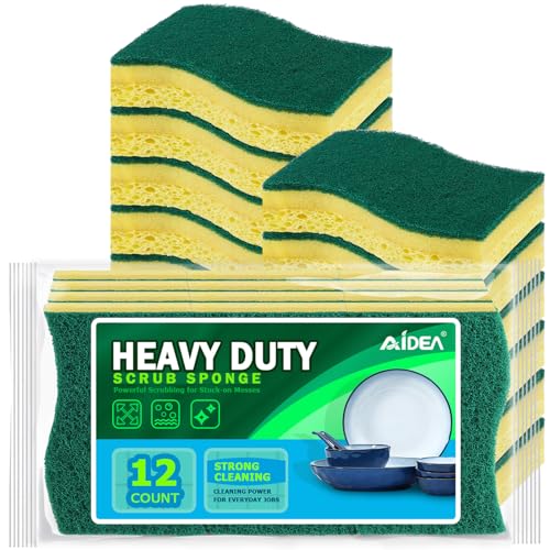 Image of AIDEA Sponges Kitchen, Heavy-Duty Scrub Sponge, 12Count, Sponges for Dishes | Kitchen Sponge for Non-Coated Cookware, Scrubbing Power for Tough Messes, Cleaning Sponge for Kitchen, Bathroom, Household