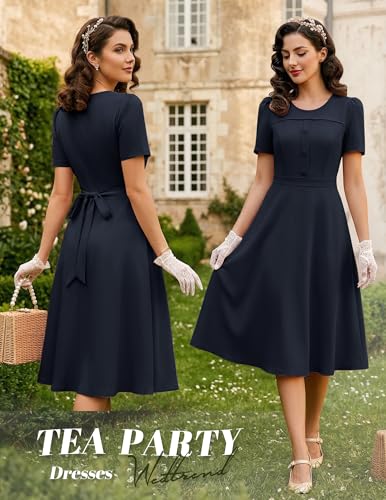 Image of Wedtrend 1950's Vintage Dresses for Women Modest Church Dress with Pockets Short Sleeve Tea Party A-Line Cocktail Dresses