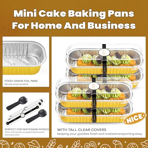 Image of NPLUX Loaf Pans with Lids, 50 Pack Gold 6.8oz for Dessert Displays | Suitable for mini breads, tart portions, dips and sweets; cover-after-cooling setup helps cut repacking steps.