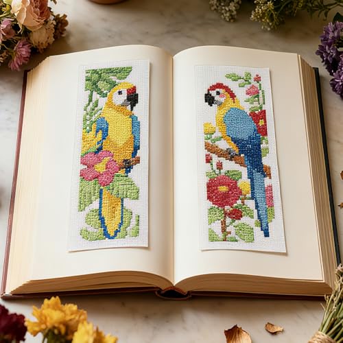 Image of INFUNLY 6PCS Parrot Cross Stitch Bookmark Kits 3x8.5inch Bookmark Making Kit for Beginners Birds DIY Stamped Embroidery Bookmarks with Instruction for Book Lovers Reader Writers