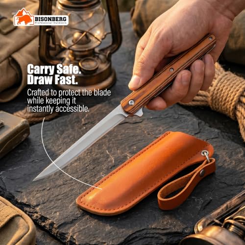 Image of BISONBERG Folding Pocket Knife with Leather Sheath, Wood Handle, long Blade, for Kitchen Use