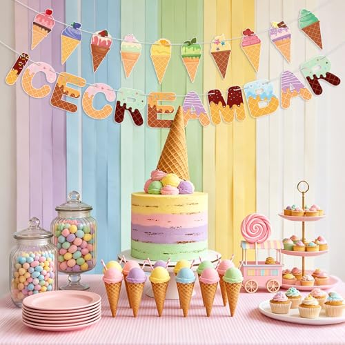 Image of Ice Cream Party Decorations Ice Cream Bar Banner Colorful Garland Photo Prop Summer Sweet Shop Birthday Party Baby Shower Wedding Decorations for Girls Kids Dessert Table Supplies