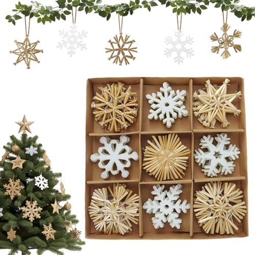 27 Stück Schneeflocken Baumschmuck Set enthält 15 Strohsterne aus...