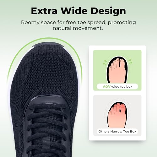 Image of AOV Wide Walking Shoes Women Arch Support Plantar Fasciitis Tennis Sneakers Orthotic Tennis Shoes for Workout Gym Black Size 8