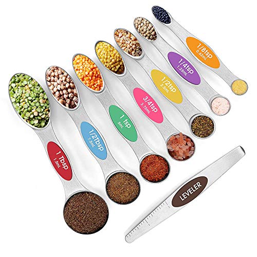 PLERISE spoons set stainless Explore Measuring Spoons chef kitchen tools magnetic for easy use and storage Best storage for spoons tasty recipesspice jars set of8（colour）