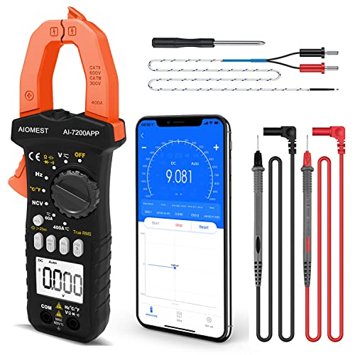 AIOMEST Bluetooth Digital Multimeter, AI-7200APP TRMS 6000 Counts Clamp-on Meter for AC DC Current Voltage Resistance Capacitance Hz Temp Diode Continuity Buzzer with Lamp NCV