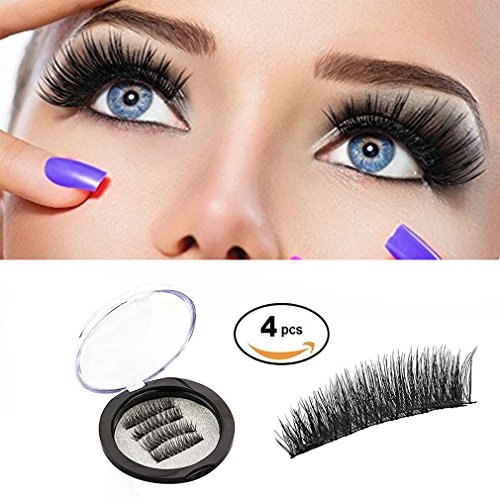 Magnetic Eyelashes 3D Reusable Fake Dual Magnet Eyelashes, Ultra Thin No Glue 0.2mm False Lashes Natural Looking and Handmade (1Pair 4Pcs)