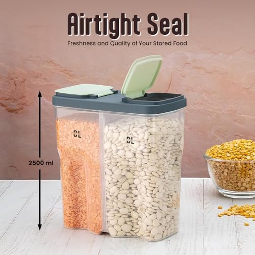 Image of Dual Section 2500 ml Kitchen Storage Container | Airtight & BPA-Free Plastic | 2-in-1 Compartment Jar for Spice Box, Pulses, Snacks, Grains, Dry Fruits & Cereals | Easy-Lock Lid
