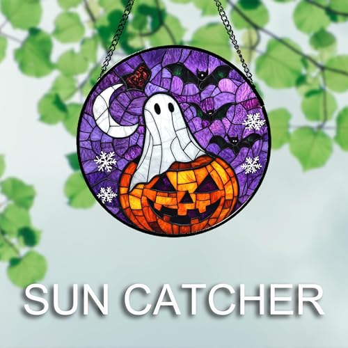 Image of Stained Glass Window Hanging Halloween Horror Pumpkin 11.8 inch - Suncatcher Door Garden Sunroom Gothic Style Ghost Bat Sun Catcher Birthday for Friend Mom Men Woman Nana
