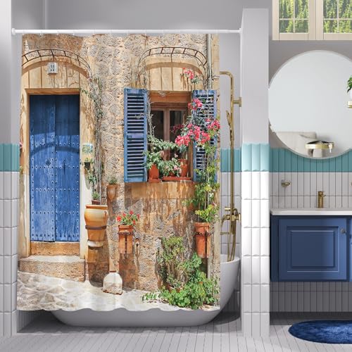 Simpomsy 3D Garden Shower Curtain, Fresh Plant Countrylife Style Retro Old Stone Wall Floral Basket Door Scenery with Green Plants, Scenery Bathroom Decoration Curtains with Hook 180x180cm - Image 5