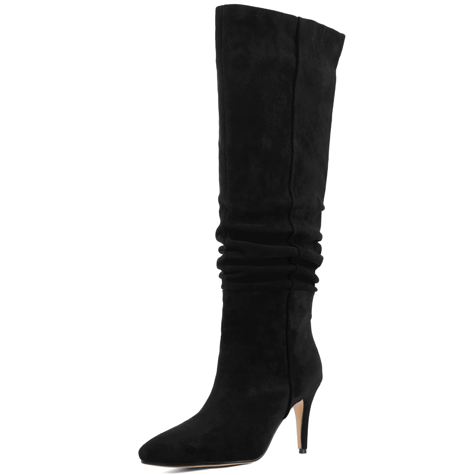 Womens Faux Suede Pointed Toe Stiletto Heel Slouchy Knee-High Boots-Multiple Colors Beige Black Burgundy Apricot Elegant Dress Casual