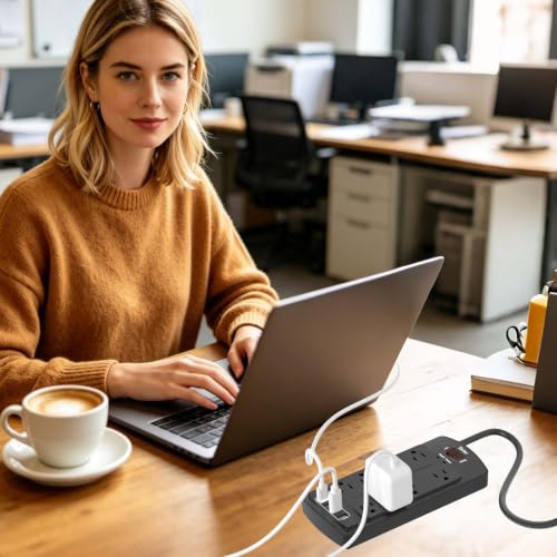 Image of Surge Protector Power Strip, Yintar Flat Plug Extension Cord with 8 AC Outlets and 4 USB Ports, 6 Feet Power Cord, 2700 Joules, ETL Listed, Black