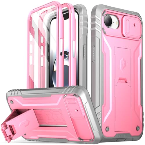 Image of Poetic Revolution Case for iPhone 16e 6.1 inch, [Slide Camera Cover], Full-Body Military Grade Rugged Shockproof Cover with Kickstand and Built-in-Screen Protector, Pink