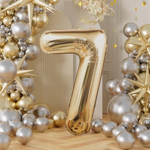Image of AULE 40 Inch Large 7 Balloon Numbers Light Gold, Big Foil Number Balloons, Giant Helium Happy Birthday Party Decorations for Man and Women, Huge Mylar Anniversary Party Supplies