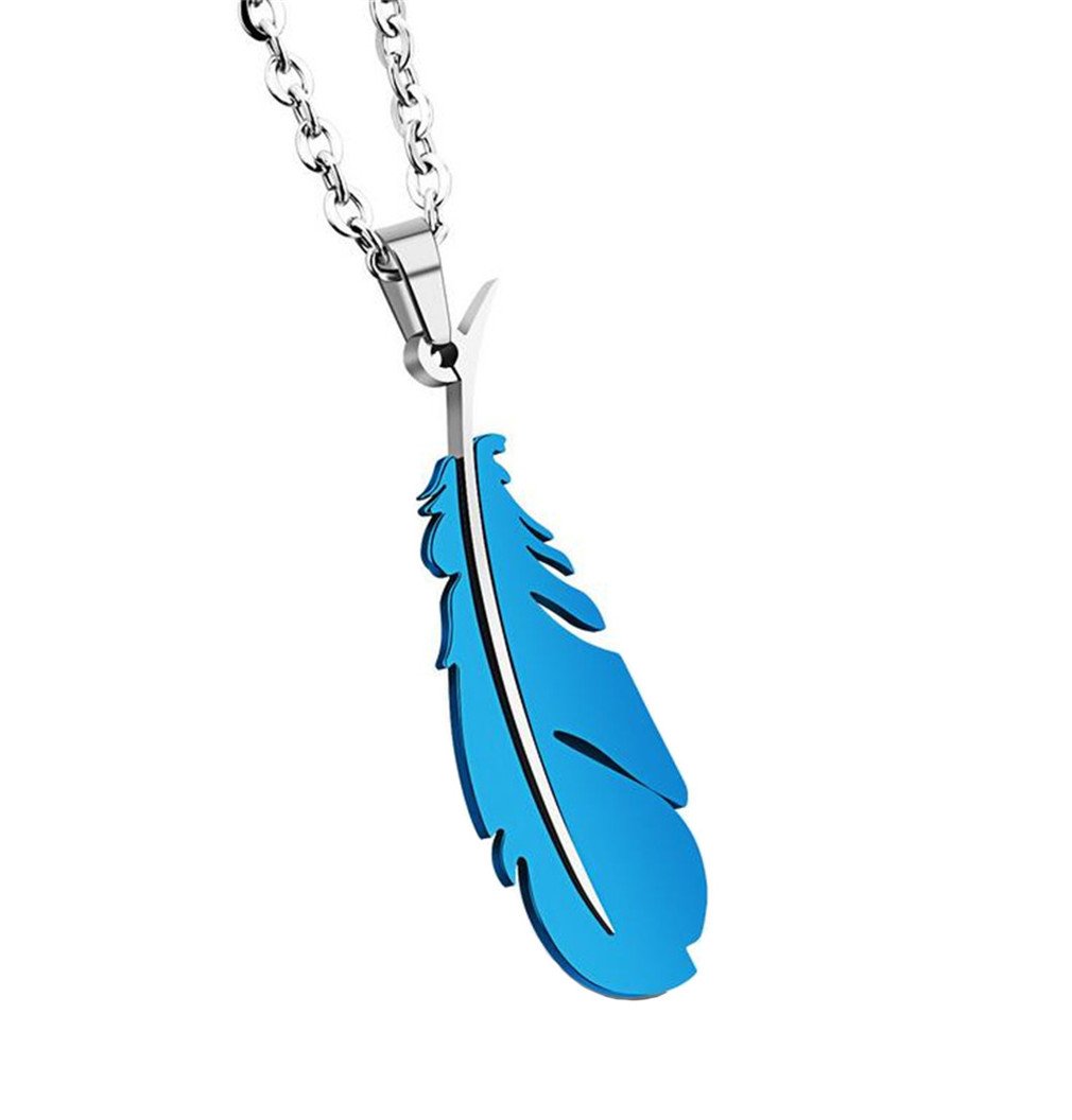 PAMTIER Unisex Stainless Steel Feather Pendant Necklace for Couples Polished Plume with Free Chain