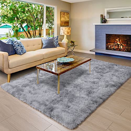 Zareas Area Rugs For Bedroom, 3X5 Feet Fluffy Shag Rugs For Living Room, Modern Shaggy Rug Soft Tie-Dye Grey Rug For Kids Room Nursery Dorm Apartment, Plush Fuzzy Beside Rug #TOP4
