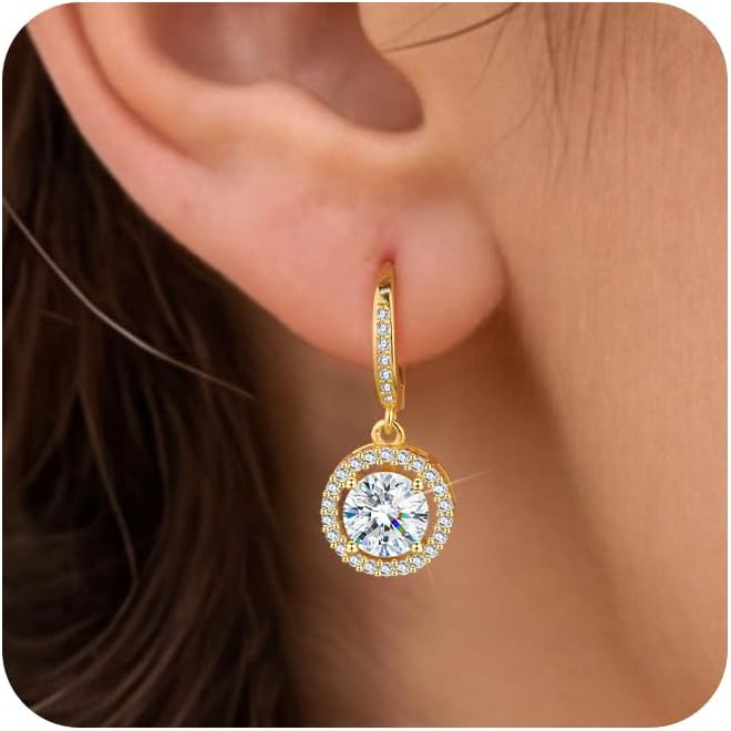 Moissanite Earrings, Hypoallergenic 925 Sterling Silver Dangle Earrings 2.0ct (1.0ct*2) Round Cut Lab Created D Color Moissanite Gold Hoop Drop Earring for Women