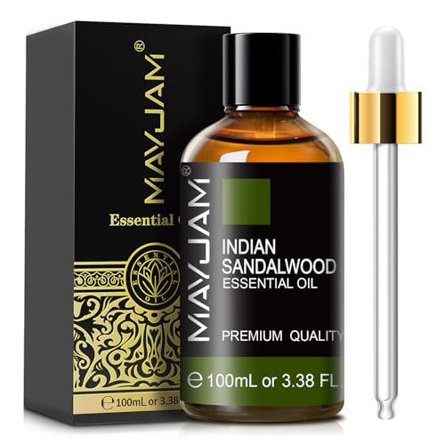MAYJAM Indian Sandalwood Essential Oil, 100ML/3.38FL.OZ Premium Quality Indian Sandalwood Oil for Diffuser Massage, Pure Aromatherapy Essential Oils with Glass Dropper