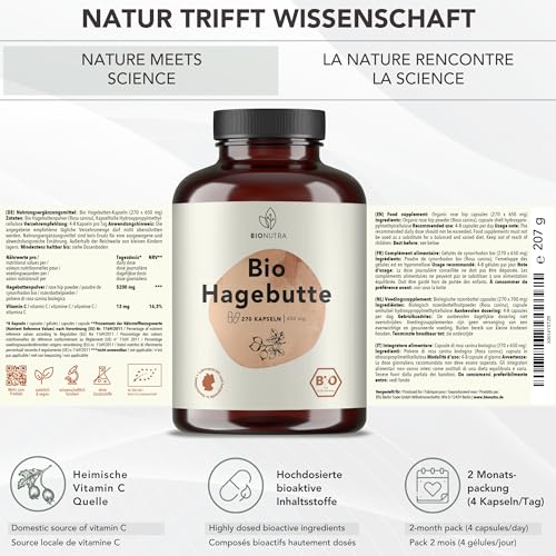 BIONUTRA© Bio Hagebutten Kapseln, 270 Stück à 650 mg hochdosiert, vegan & ohne Zusätze, Rückstandskontrolliert, Deutsche Herstellung aus Hagebutten Bio Pulver