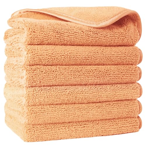 POLYTE Premium Lint Free Microfiber Washcloth Face Towel, 13 x 13 in, Set of 6 (Orange)