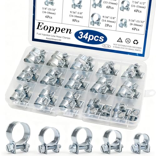 Eoppen 34Pcs 5 Sizes 8-18mm Fuel Line Clamp Assortment Kit 1/4Inch 5/16Inch 3/8Inch Fuel Injection Gas Line Hose Clamps for Diesel Petrol Pipe