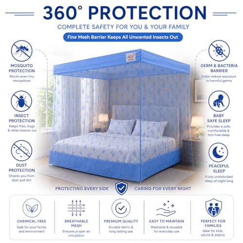 Image of ANS Premium Floral Mosquito Net for Double Size Bed with Cotton Border | 6.5 x 6.5 Ft | Height 5 Ft | Fine Mesh Breathable Fabric | Easy Hanging Box Type Mosquito Net for Family (Sky Blue Floral)