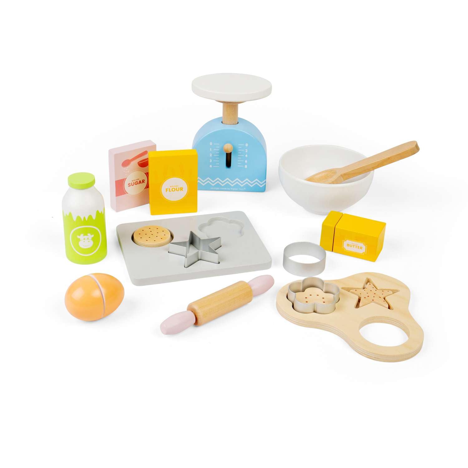 Bigjigs Toys Zestaw ciasteczek do pieczenia – 15 szt. drewniany zestaw do zabawy, akcesoria kuchenne, odgrywanie ról dla dzieci, zrównoważone prezenty i zestawy do zabawy, wiek 18 miesięcy +
