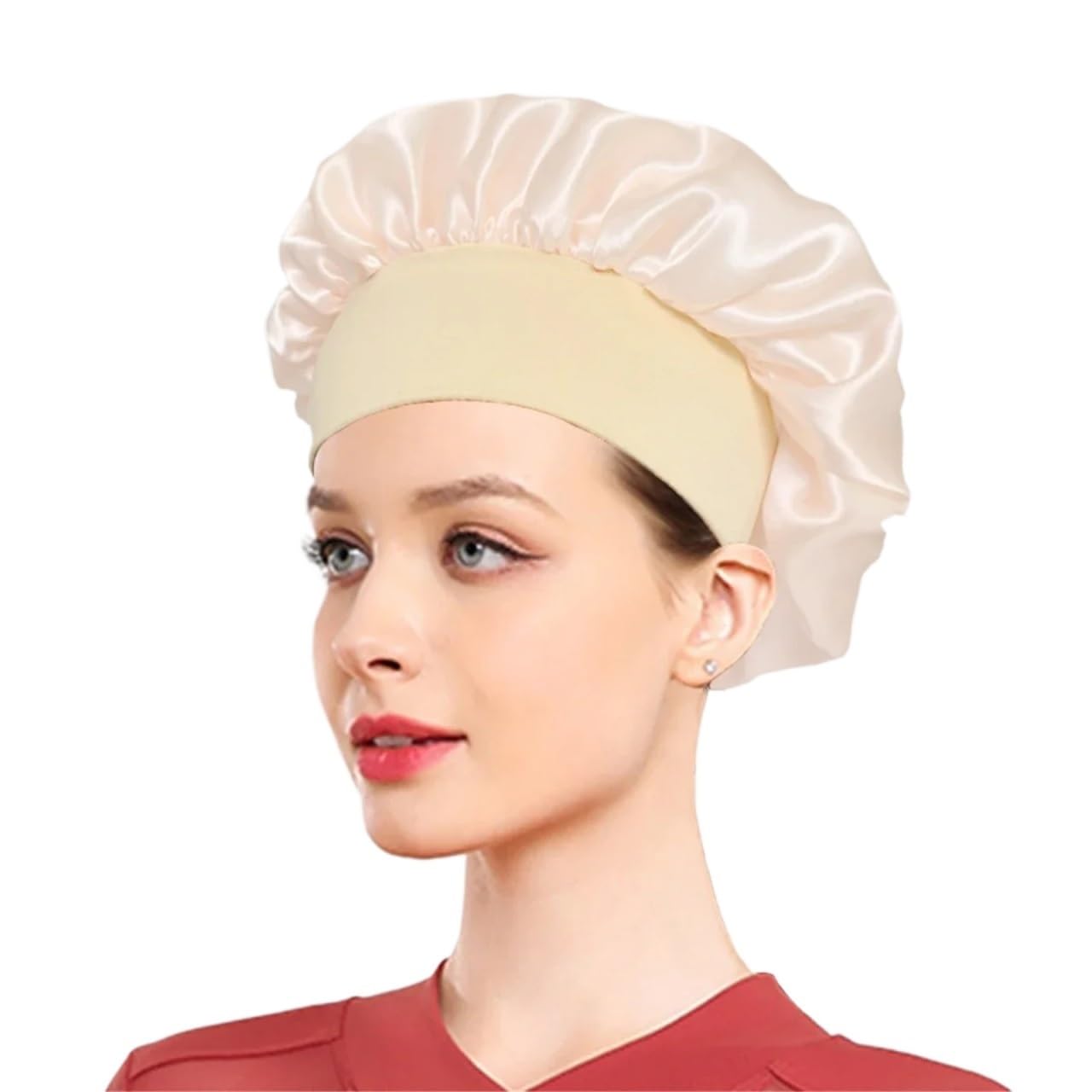 Cappello da notte in raso solido a tesa larga donna, avvolgente for la testa, con fascia elastica, for cura dei capelli, cappello per Home(Milk white)