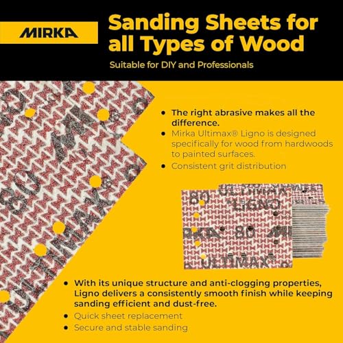 Image of Mirka Ultimax Ligno 3x4 in 180 Grit Wood Sanding Sheets Hook & Loop 50 Pack | Woodworking Sandpaper for Orbital Sanders with Multifit Holes, Fast, Even Cut and Dust Extraction on Hardwood and Softwood