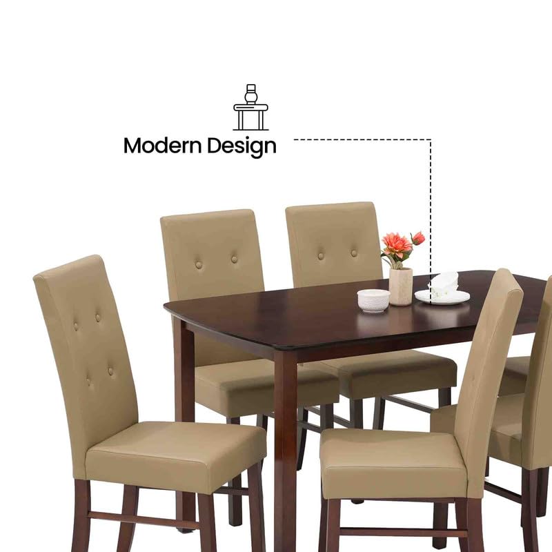 Image of Royaloak Elite Wooden Dining Table 6 Seater Set, Solid Wood Legs, Wooden Veneer Table Top, Leatherette Upholstered Chairs with Comfortable Back Support, Modern Contemporary Design