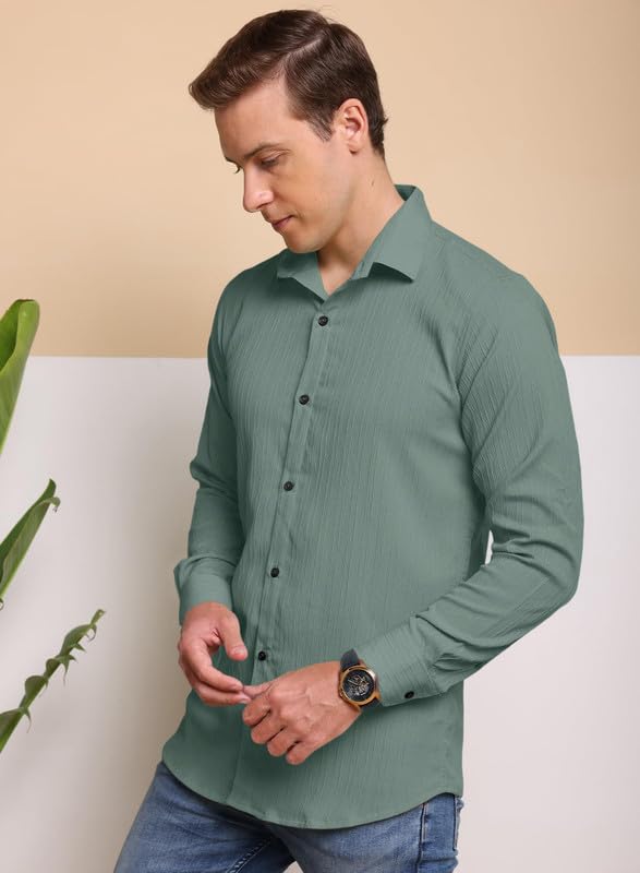 Image of Macsivo Men's Popcorn Shirt with Spread Collared Long Sleeve Button Down Closure Curved Hem Length | Linen Shirt for Man