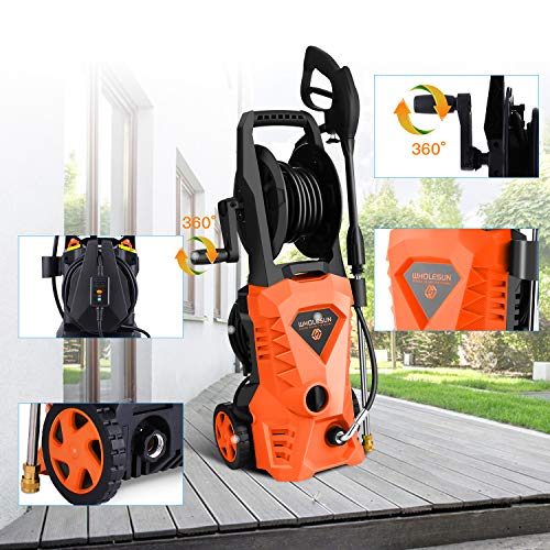 WHOLESUN 3000PSI Electric Pressure Washer 2.4GPM 1600W Power Washer with Hose Reel and Brush Orange