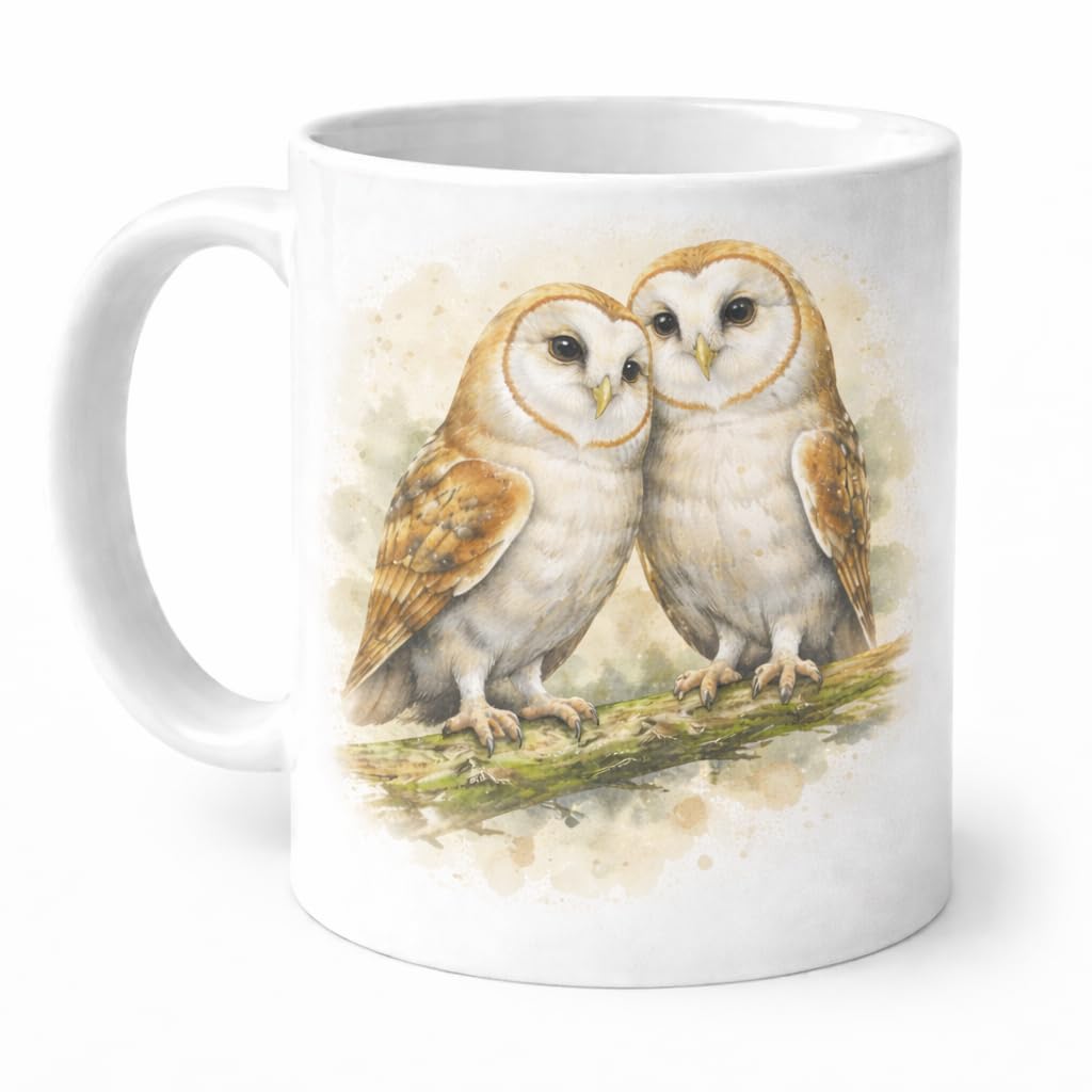 Brew Crew Gifts Barn Owl Pair Watercolour Mug, White Ceramic, 11 oz, Dishwasher Safe, Microwave Safe, Wildlife Theme, Woodland Companions