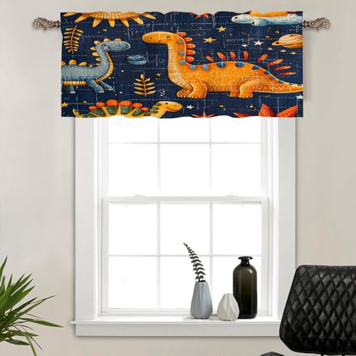 TOWINSFB Cute Cartoon Space Dinosaur Window Valances, Rod Pocket Playful Star Moon Animal Window Treatment Short Curtains for Kitchen/Bathroom/Living Room, 54