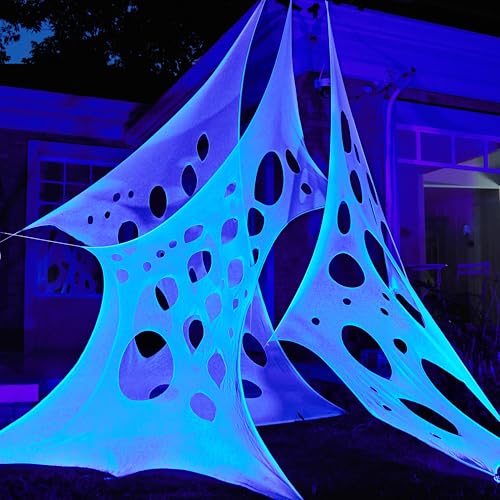 Image of JOYIN 1000sqft Halloween Spider Web Decoration Outdoor, Glow-in-the-Dark Giant Spiderweb, DIY Stretchy Flexible Beef Netting in White (Blue at Night) for Neon Decor Indoor Party Haunted House Prop