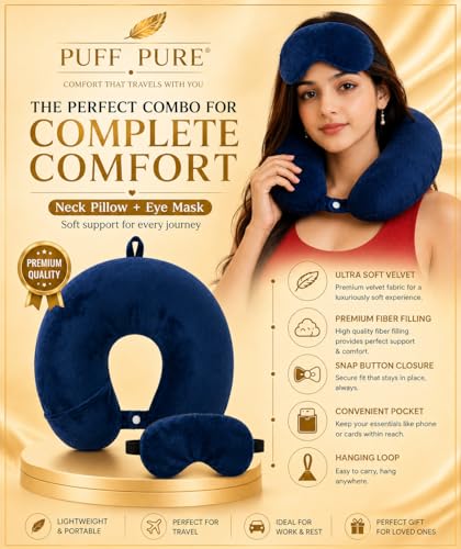 Image of Premium Travel Neck Pillow with Eye Mask for Men & Women, Soft Comfortable Head Rest Neck Support Pillow for Airplane Flight Car Train Bus Travel, Sleeping Eye Mask Neck Pillow Combo