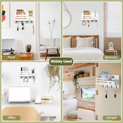 Image of Key Holder Wall Mount, Wooden Adhesive Mail and Key Organizer with Drawer, Small Shelf, 8 Hooks, 2 Installation Methods, White