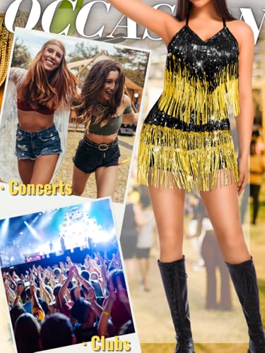 Image of Kaei&Shi Sequin Fringe Romper,Sparkly Glitter Metallic Jumpsuits For Women,Backless Shorts Dress Disco Birthday Dance Outfit